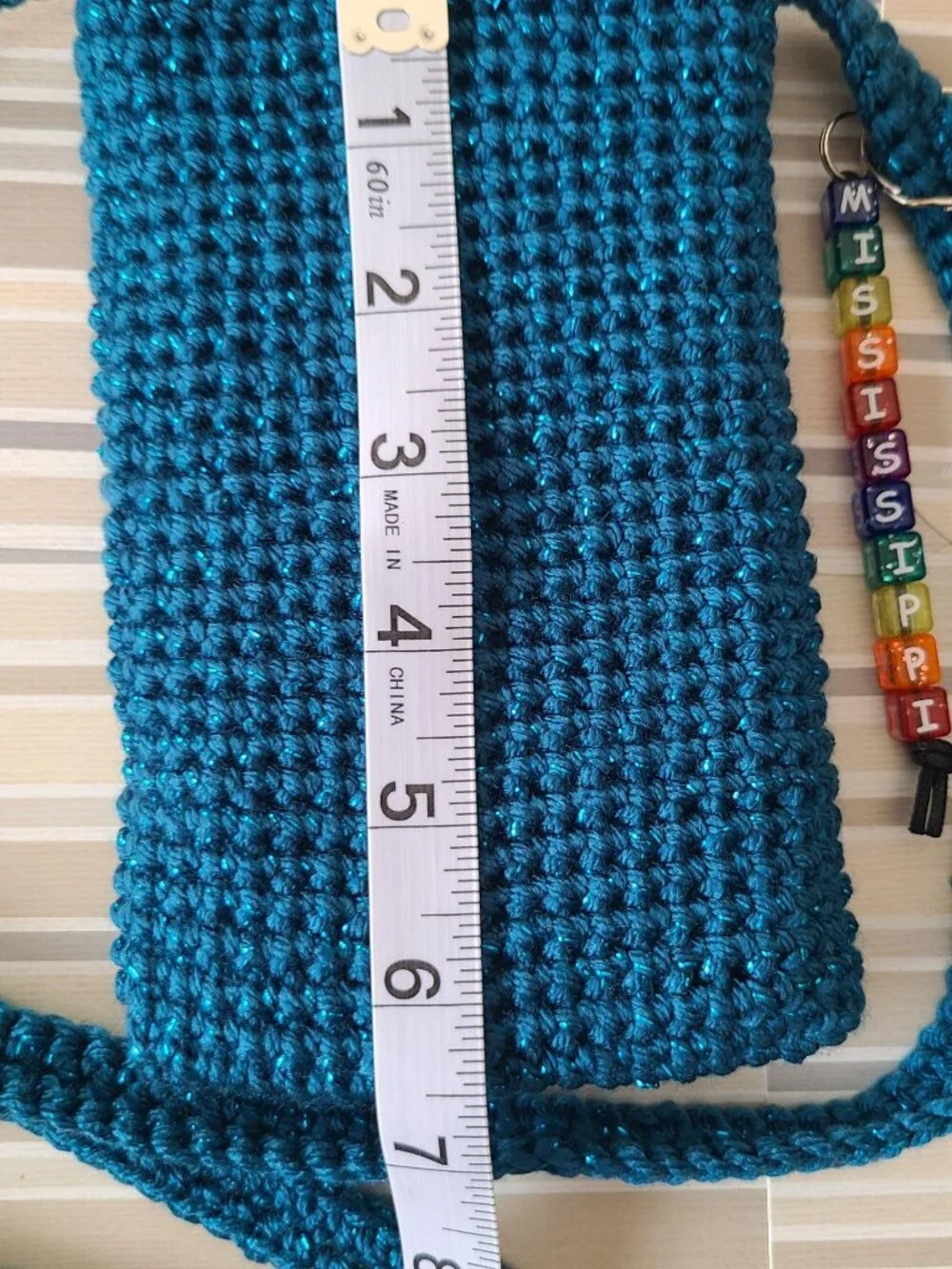Hand Crochet Cell Phone Case Holder Crossbody Bag with Key Chain Teal Sparkling